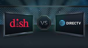 A tv screen with the logos of dish and at & t.