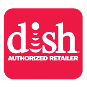 A red square with the word dish authorized retailer in green.